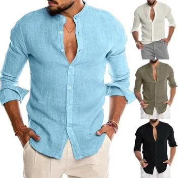 2023 Новая мужская повседневная блузка, хлопковая льняная рубашка, Свободные топы, футболка с длинным рукавом, Весна-осень, Летняя Повседневная красивая мужская рубашка