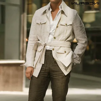 Повседневная и минималистичная мужская рубашка в полоску с несколькими карманами, рубашка с длинными рукавами, верхняя одежда большого размера