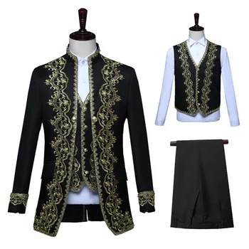 Винтажный мужской костюм из 3 предметов с аппликацией, черно-золотой сценический стильный белый театральный праздничный вечерний пиджак