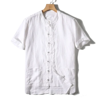 Летний мужской тренд 2023 года в стиле ретро, дышащий однотонный Универсальный повседневный комфорт, модная рубашка из чистого льна с короткими рукавами