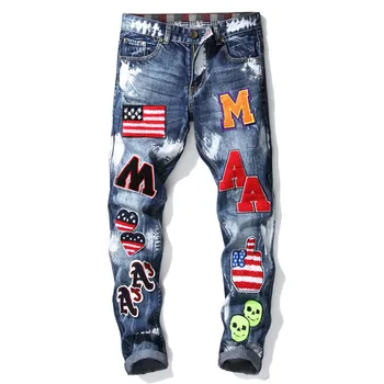 Осень, новый стиль, маленькие прямые джинсы-труба, нашивка, значок с национальным флагом, краска, джинсовые брюки для похудения, модные мужские брюки Tide