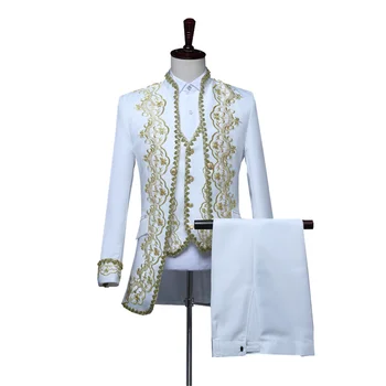 Винтажный мужской костюм из 3 предметов с аппликацией, черно-золотой сценический стильный белый театральный праздничный вечерний пиджак