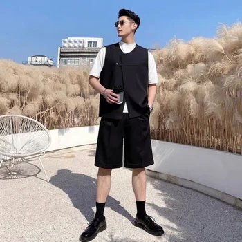 Комплекты из 2 предметов для мужчин, нерегулярный костюм с коротким рукавом, летняя повседневная одежда, Корейская модная уличная одежда, легкая дышащая одежда