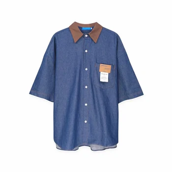 Американская винтажная Джинсовая рубашка Поло с воротником-стойкой и коротким рукавом для мужчин 2023, Летняя пара, Новая Свободная Рубашка, Рабочее платье, пальто из чистого хлопка