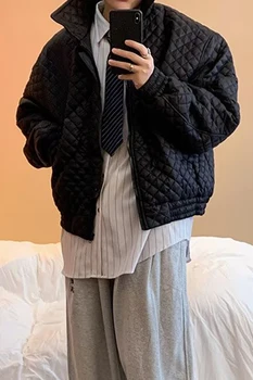 Новая мужская пуховая куртка в японском стиле для мужа с контрастными теплыми парками в стиле ретро, Зимняя уличная одежда в клетку Оверсайз, пузырчатое пальто G26