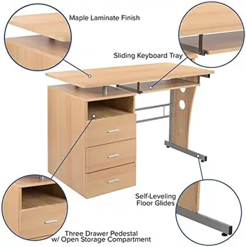 Письменный стол из клена с подставкой из трех ящиков и выдвижным лотком для клавиатуры
