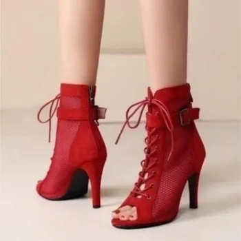 Женщины сапоги обувь Женская мода туфли женщина сандалии партия сексуальные туфли на шпильке высокие каблуки Красный дышащий полые кружева обуви Женщина