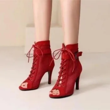 Женщины сапоги обувь Женская мода туфли женщина сандалии партия сексуальные туфли на шпильке высокие каблуки Красный дышащий полые кружева обуви Женщина